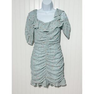 ASTR The Label Womens Ditsy Floral Ruffle Neck Ruched Mini Dress Teal Blue Small